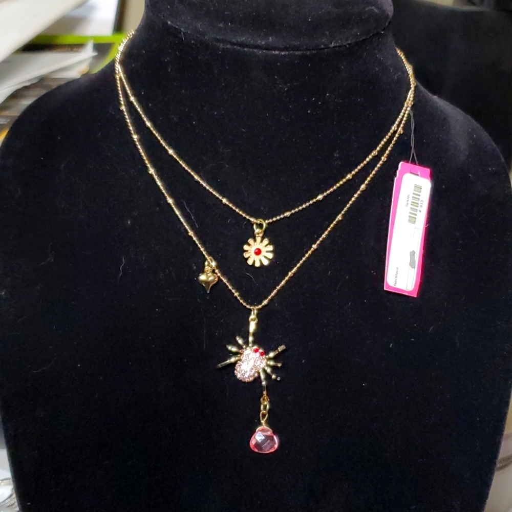 Y2K NWT Vintage Betsey Johnson Pink Spider Double Layer Necklace